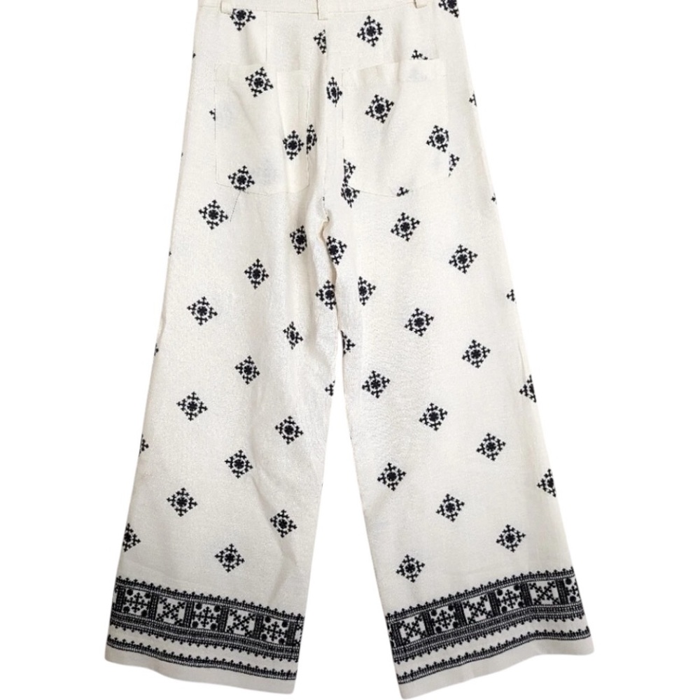 ZARA Ecru & Black High Waist Embroidered Detail Wide Leg Linen Trousers, Size M. - Picture 4 of 13